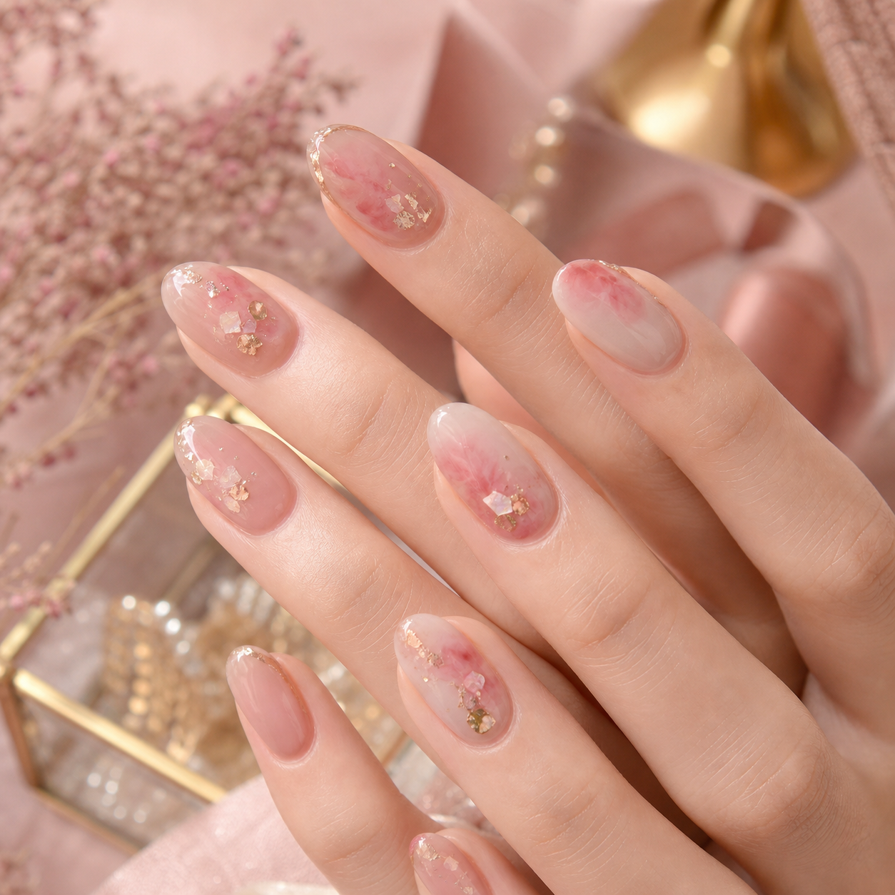 Rose nuance gold shell nail design