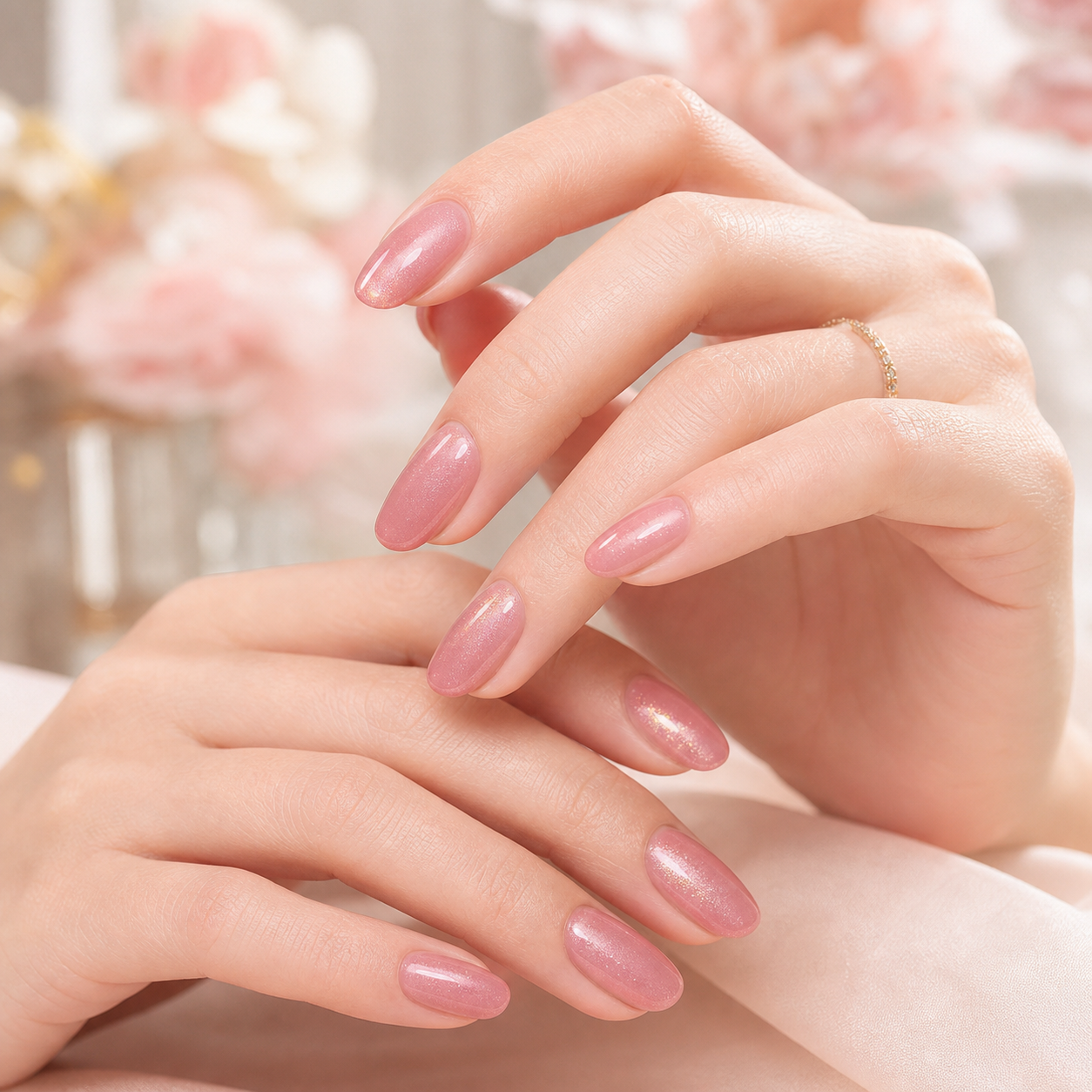 Rose shimmer pink gel nail design