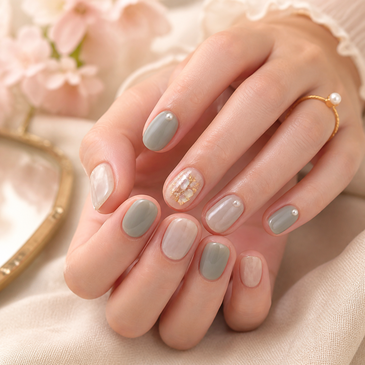 Sage gray and pearl gel nail design