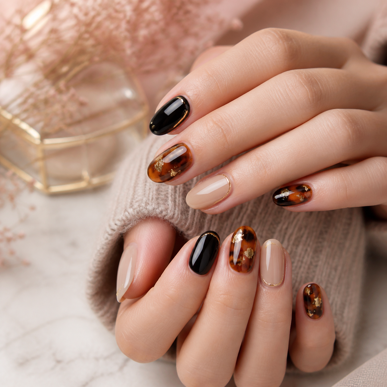Black and tortoiseshell gel nail design